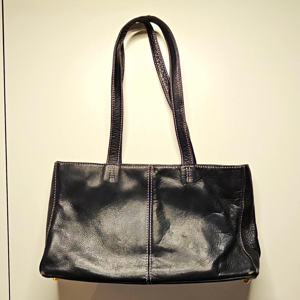 HOBO International Black Leather Tote Shoulder Bag Vintage Brass Feet Y2K
